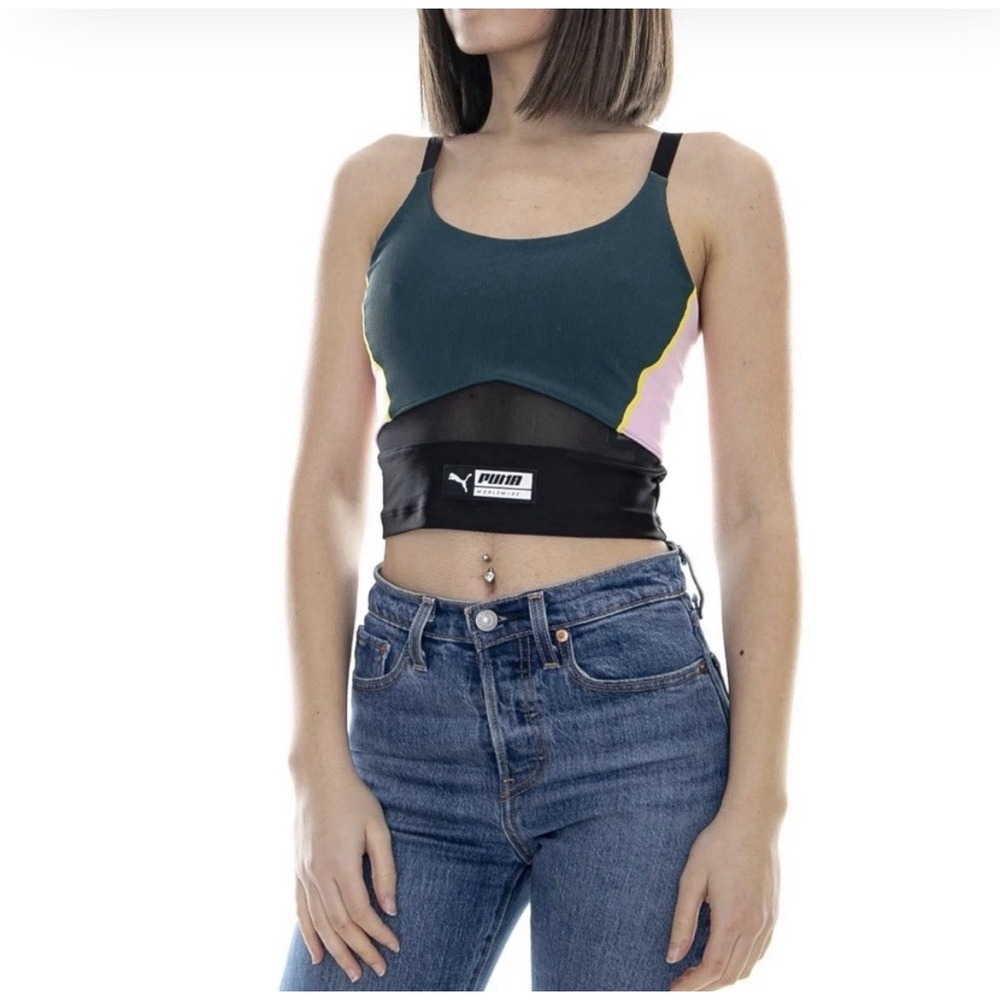 Puma Women's TZ Crop Top Green, Pink & Black Size Medium Sheer Mesh Band